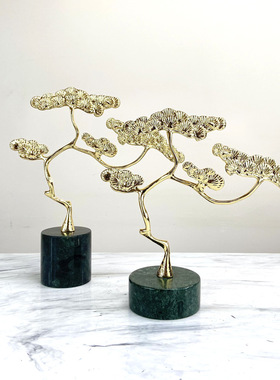 新中式大理石铜银杏叶摆设迎客松客厅玄关电视柜别墅酒店轻奢摆件