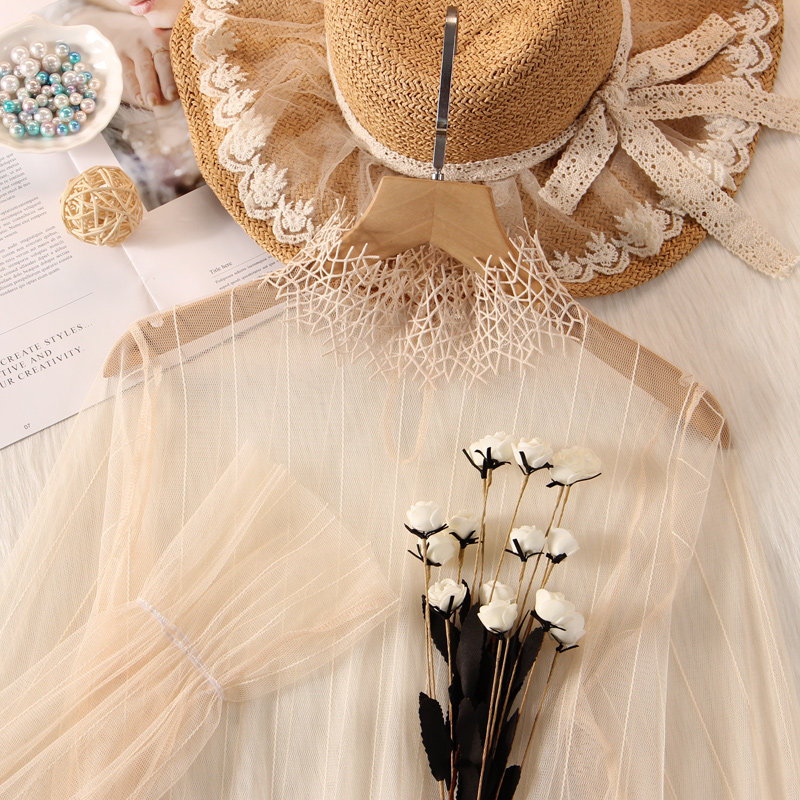 蕾丝打底衫女喇叭袖新款内搭高领纱衣洋气条纹女人味高领网纱上衣,淘宝优惠券,粉丝福利购,淘宝优惠卷