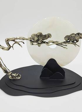 新中式玉3石平安扣摆件迎客松厅客玄黄关电视柜书桌面装饰品摆房