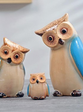 陶瓷陶瓷猫头鹰工艺品花园装饰客厅酒柜美式桌面摆件新年陶瘊装饰
