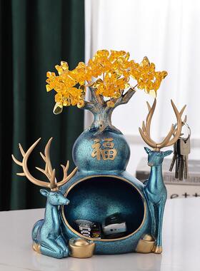 进门视口鞋放钥匙的玄关电TB656177柜收柜纳招财树鹿摆件新中式盒