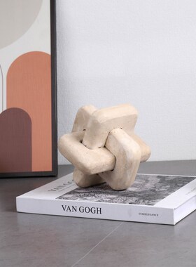 侘寂风黄洞石大理石家居书房卧室电视柜桌面书柜创意多环双环摆件