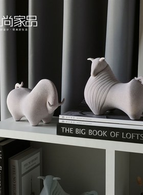 新中式砂岩对牛装饰摆件简约样板房间客厅橱窗饰品创意书柜陈设