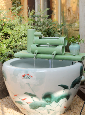 陶瓷鱼缸流水仿竹子循环水摆件竹筒流水器石槽过滤器办公室招财