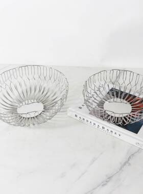 厅简约不锈钢形果圆篮客用茶几果盘摆件不锈钢置8458物蓝面家包篮