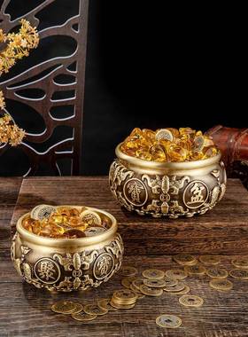 聚八福米聚宝盆黄铜缸手雕刻百福财缸复古创意桌面工摆件01厂家直
