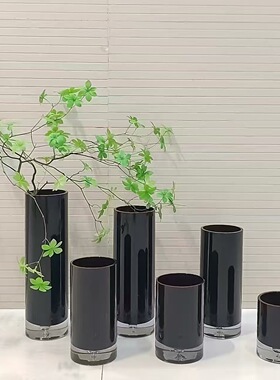 现代轻奢厚底气泡喷黑色直筒花瓶摆件售楼处前台台面吊钟花瓶摆件