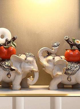 柿子财大象一对摆件高档柜586客厅柜子电视柜酒家招居中式创装饰