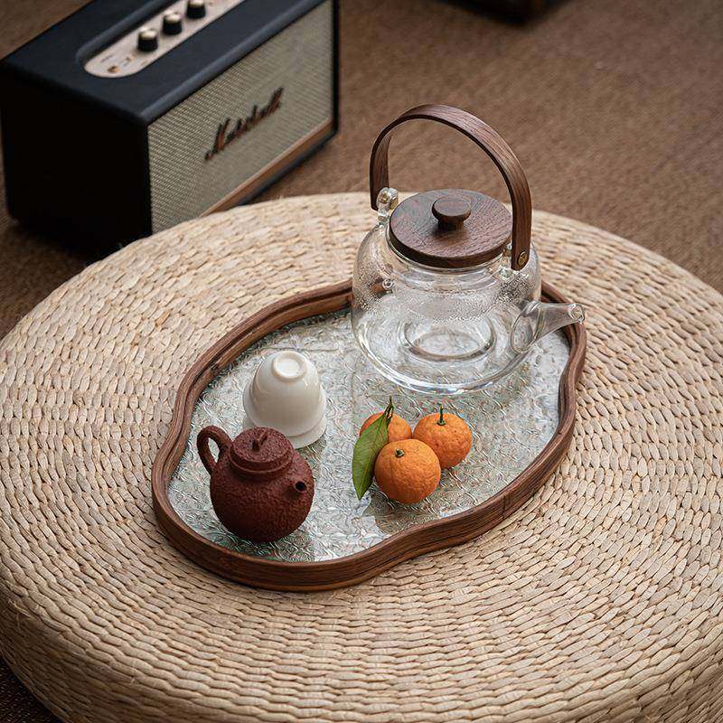 家用茶室水果点心盘收纳茶点盘日式海棠花玻璃茶托盘果盘竹制茶盘,淘宝优惠券,粉丝福利购,淘宝优惠卷