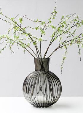 现代简约大肚透明灰玻璃花瓶居手干工白瓷摆花插花PLE家装饰艺术