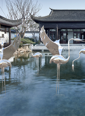 镜面不锈钢仙鹤火烈鸟雕塑装饰户外草地公园庭院水景艺术落地摆件