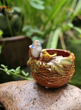 田园陶瓷家居饰品绿叶小鸟釉面装饰盘花园水培花盆桌面笔筒收纳盆