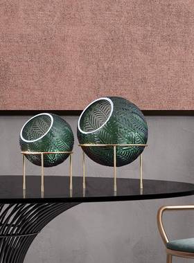 北欧风创意家居品艺厅术品客铁艺支玻架球形树叶纹星璃饰花瓶水培