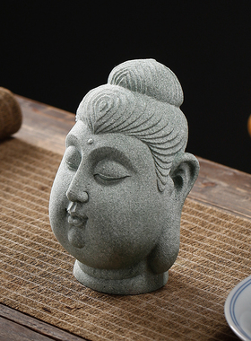 国潮风复古手工青砂石佛首酒窖柜台桌面摆件创意鱼缸佛头沉水装饰
