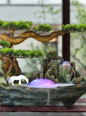仿真迎客松山水盆景假山流水喷泉摆件玄关办公室循环水造景