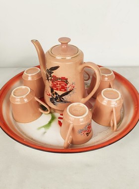 民俗老物件七八十年代结婚用品老暖壶镜子搪瓷脸盆茶壶茶碗道具