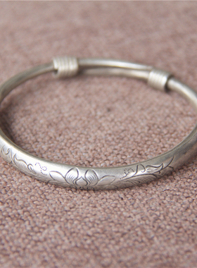 新款民族风手工苗银雕刻莲花开口推拉手镯时尚百搭仿老银古朴手环
