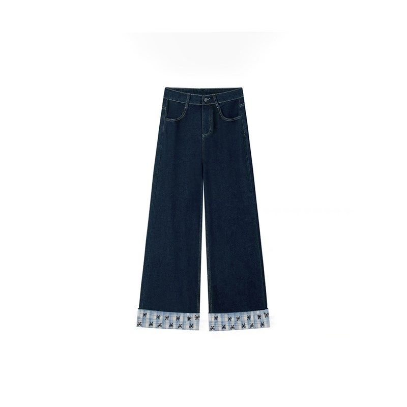 美式格子拼接牛仔裤女春季新款胖妹妹mm高腰宽松显瘦直筒阔腿长裤,淘宝优惠券,粉丝福利购,淘宝优惠卷