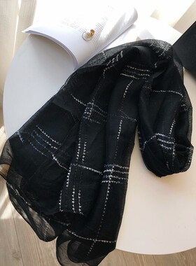 法式经典高档简约米白色丝巾女长款纱巾黑色秋冬新款真丝羊毛围巾