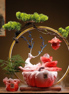 招财生财流水喷泉摆件创意中式循环水一鹿相伴办公室乔迁开业礼品