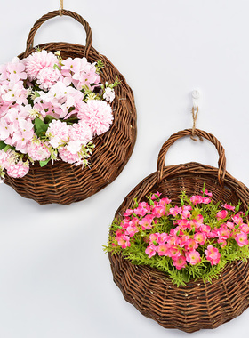 墙上装饰壁挂花篮藤编客厅创意墙面挂件干花仿真花壁挂花花藤套装