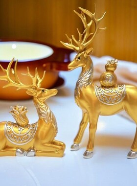 新款大号对鹿白菜葫芦鹿松弛感中式梅花鹿摆件装饰品玄关酒柜客厅