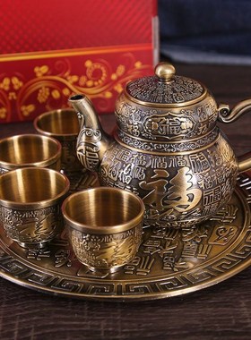 青铜款百福茶具复古大号茶壶家用中式带茶盘茶杯礼品整套茶具