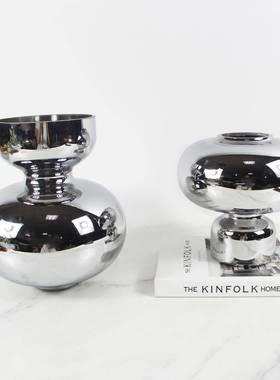 现简约电镀银色彩色蓝色楼玻璃花瓶样板间器售5321处餐桌代花玄关