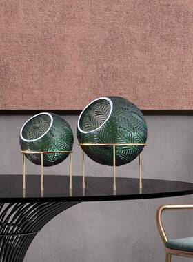 北欧风树叶纹星家饰品客现厅铁艺支架球形约玻璃花瓶水居培摆件代