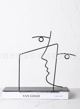 现代简约厅黑色金GSX间属线条摆件居样家板客书柜创意抽象装饰品