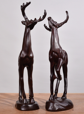黑檀实木雕刻梅花鹿摆件工艺品一路发一对鹿红木根雕木头家居装饰