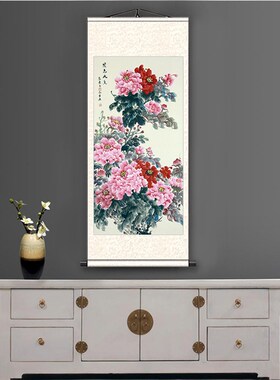 国画牡丹花开富贵挂画客厅办公室挂画中式丝绸画卷轴文化礼品画