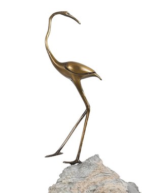 现代简约树脂假山仙鹤金属摆台家居样板房博古架软装饰品创意摆件