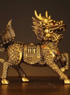 铜麒麟摆件一对黄铜火麒麟招财入户门瑞兽家居客厅办公室装饰礼品