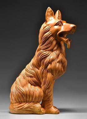 香樟木雕狼狗摆件实木十二生肖狗吉祥动物家居客厅办公装饰工艺品