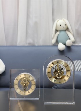欧式轻奢水晶时钟摆件工艺品客厅玄关桌面几何装饰品机械黄铜钟表