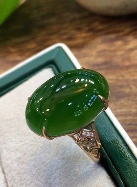 天然和田碧玉镶18k金戒指女新疆碧玉戒指 菠菜绿碧玉指环戒指