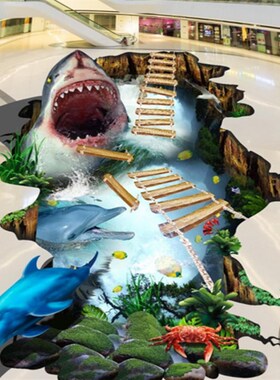 贴纸地面防水海洋世界仿真瓷砖贴3d立体地板贴装饰地贴的贴画自粘