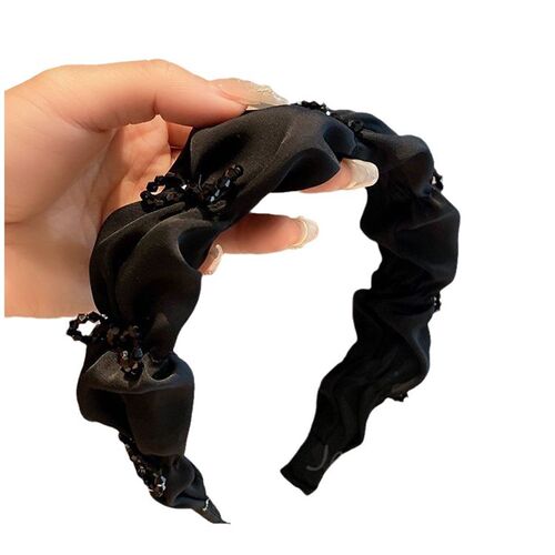 高级感缎面黑色水晶花朵结发箍女宽边褶皱高颅顶发卡2023新款发饰 - 图1