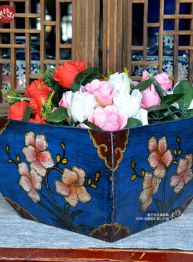 实木米斗手绘花摆件升子装饰花器中式仿复古做旧日进斗金招财好运