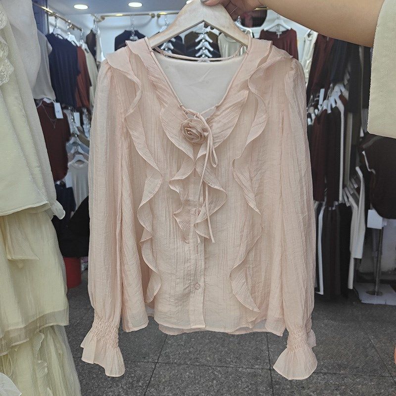2024秋季新款法式V领荷叶边衬衫女喇叭袖长袖衬衣气质雪纺衫上衣,淘宝优惠券,粉丝福利购,淘宝优惠卷