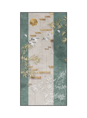 新中式酒店玄关装饰画平安壁画走廊别墅入户墙面竖版竹鹤挂画网红