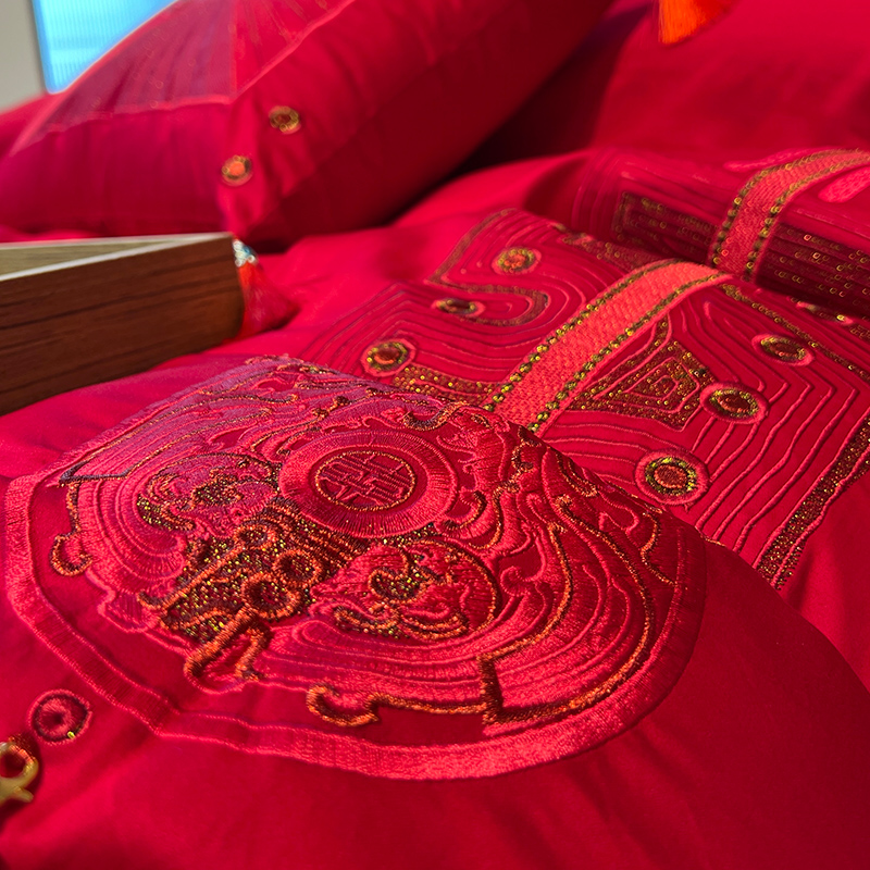 高端100支长绒棉简约大红色纯棉全棉结婚床上用品四件套陪嫁床品4 - 图1