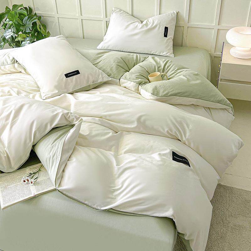 日式简约纯色四双水洗棉件拼套亲肤床磨毛LIO学生三件套笠款 - 图0