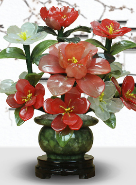 新中式玉石牡丹花摆件家居装饰品玉雕客厅玄关展柜桌面摆件送礼品