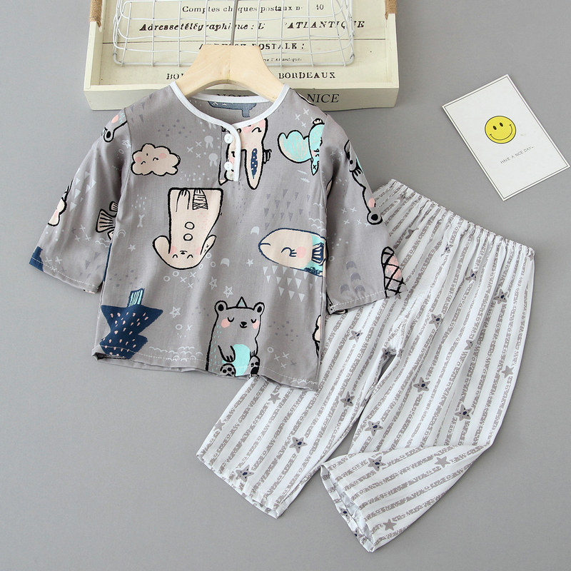 夏季儿童棉绸睡衣薄款长袖空调服女童男孩宝宝小孩绵绸家居服套装,淘宝优惠券,粉丝福利购,淘宝优惠卷