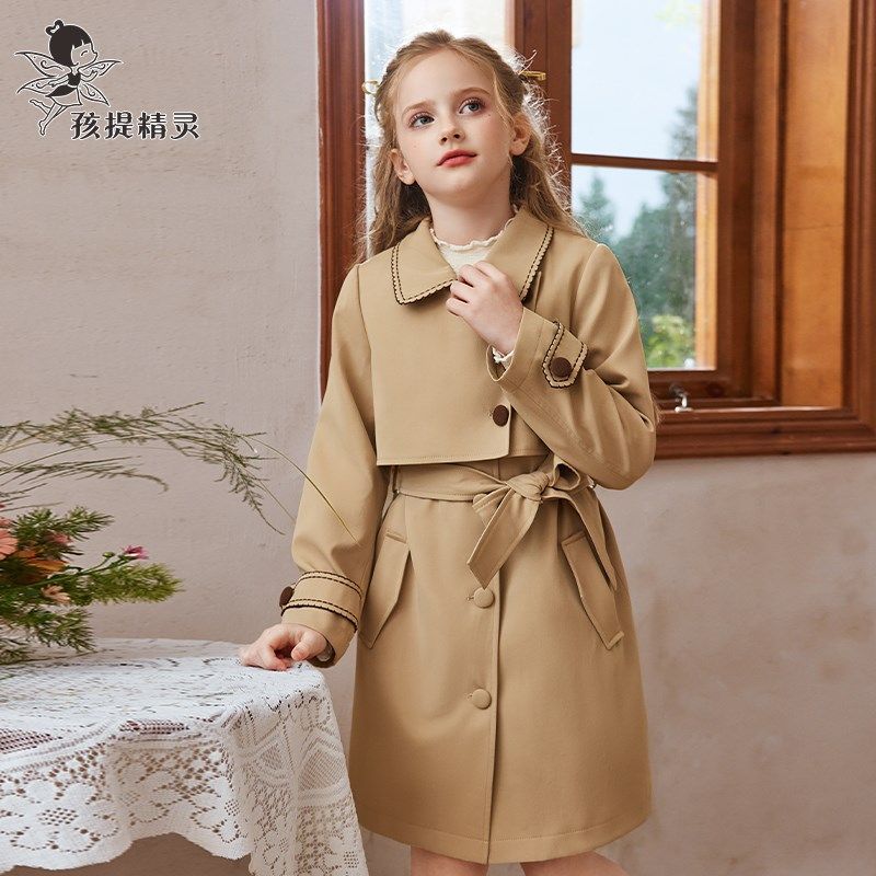 女童英伦风收腰风衣2024春装新款洋气中大童儿童中长款外套春秋,淘宝优惠券,粉丝福利购,淘宝优惠卷