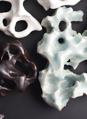 陶瓷太湖石山子摆件枯山水石头纯手工镂空雕刻假山石茶席笔架摆件