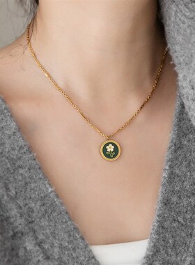 新款轻奢小众设计感绿色圆盘小花朵项链女锁骨链高级颈链情人节