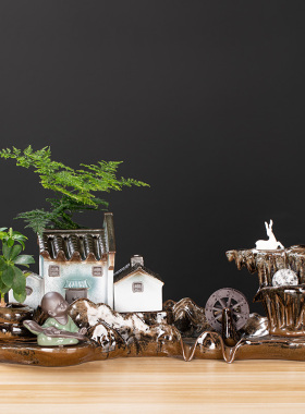 陶瓷招财自动鱼缸流水过滤器摆件鱼盆喷泉室内家用瀑布造景循环水